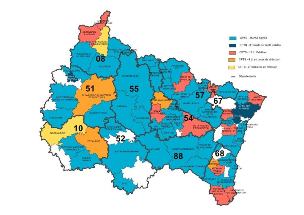 Carte des CPTS du Grand Est. Source : URPS Grand Est.